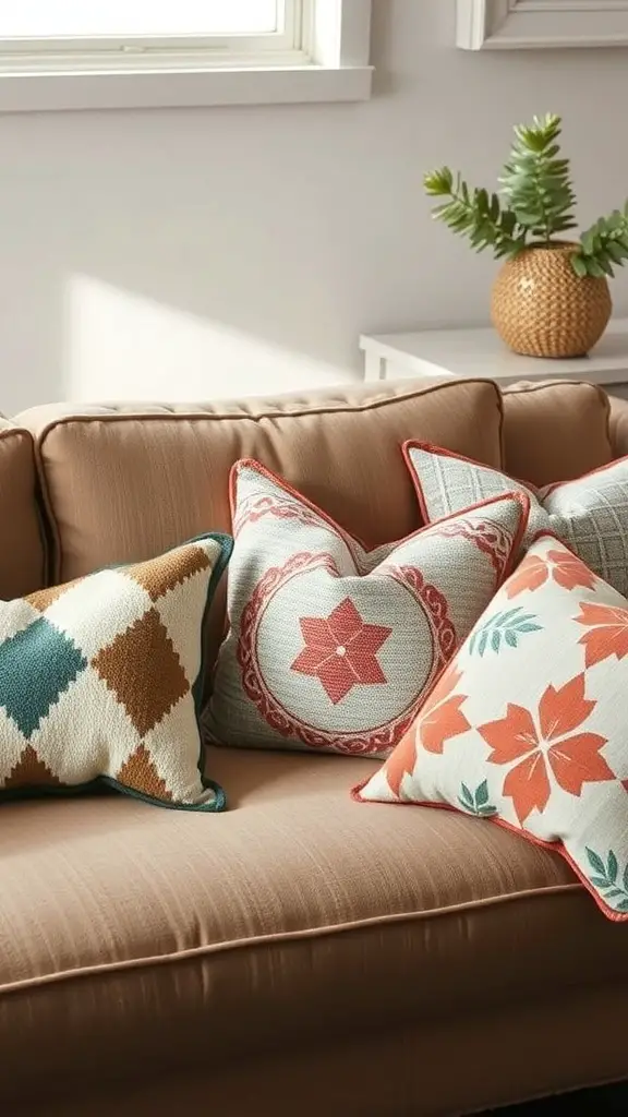 A cozy sofa with seasonal throw pillows featuring contemporary patterns in warm colors.