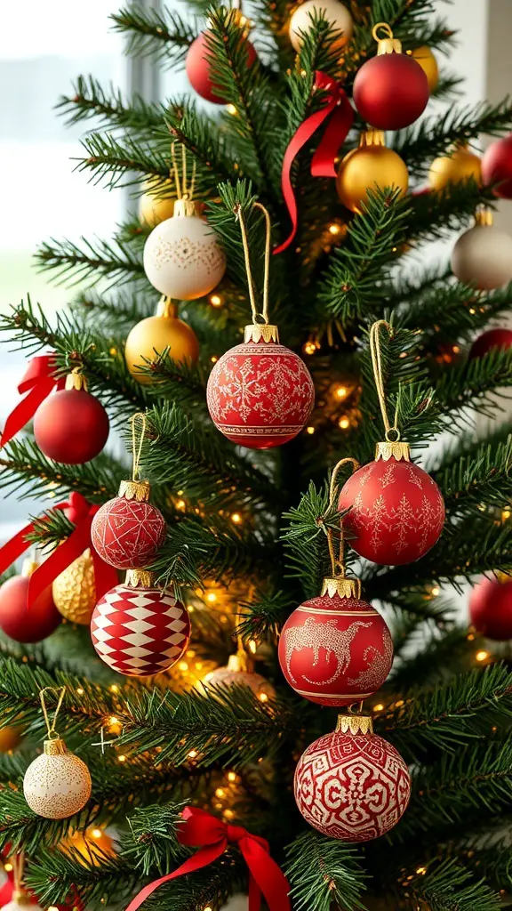 A beautifully decorated Christmas tree with red, gold, and white ornaments and ribbons.