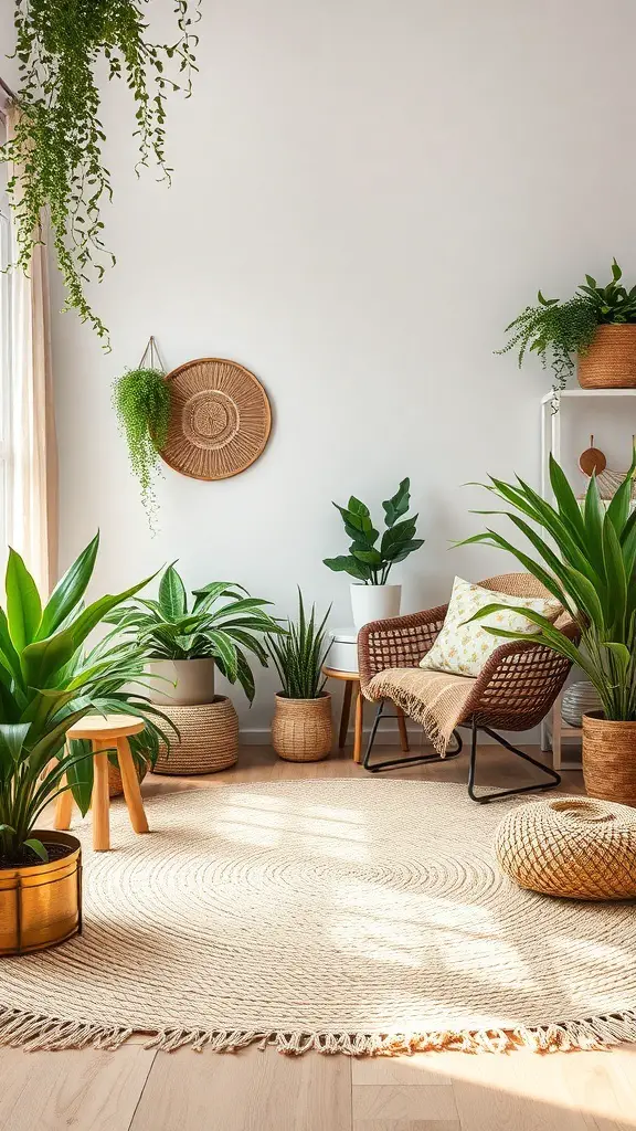 23+ Stunning Rug Design Ideas to Transform Your Space 12 A cozy interior with a round natural fiber rug, surrounded by various indoor plants and a comfortable chair.