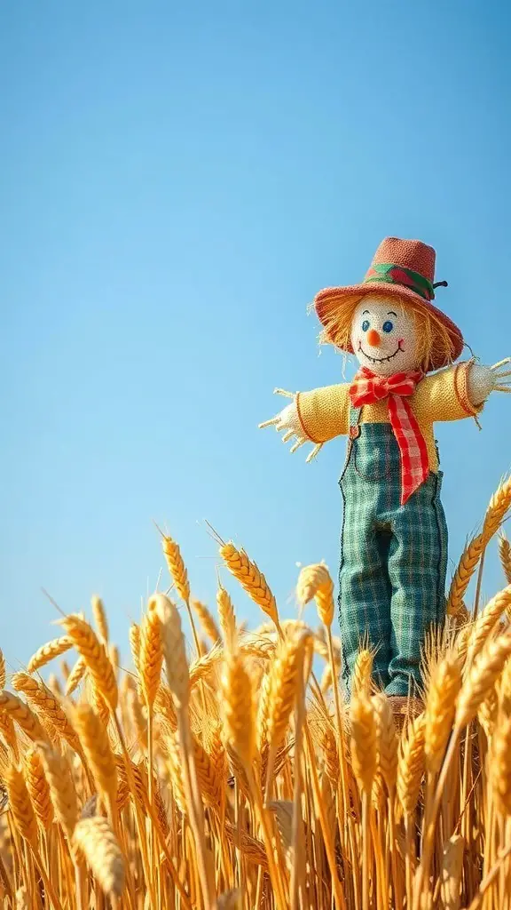 33+ Stunning Fall Embroidery Ideas to Try This Season 4 A cheerful scarecrow standing in a golden wheat field under a clear blue sky.