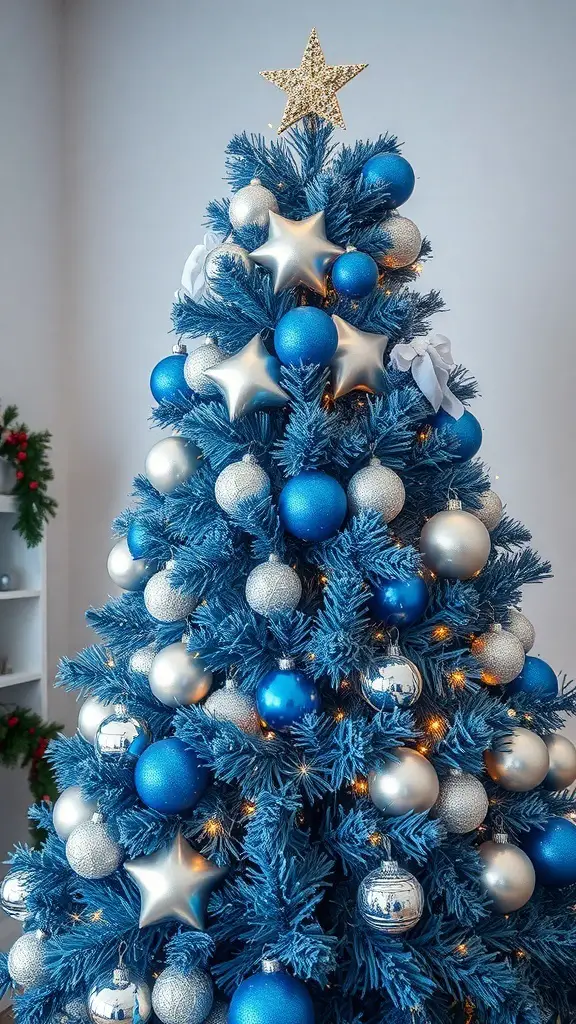 A blue Christmas tree decorated with blue and silver ornaments and a gold star on top.