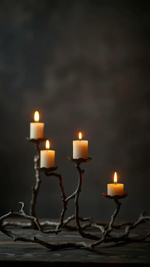 Creepy candle holders made from twisted branches with glowing candles