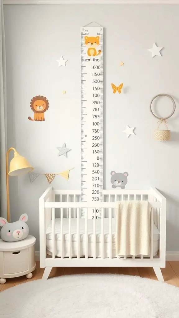 A custom growth chart with animal designs in a nursery setting