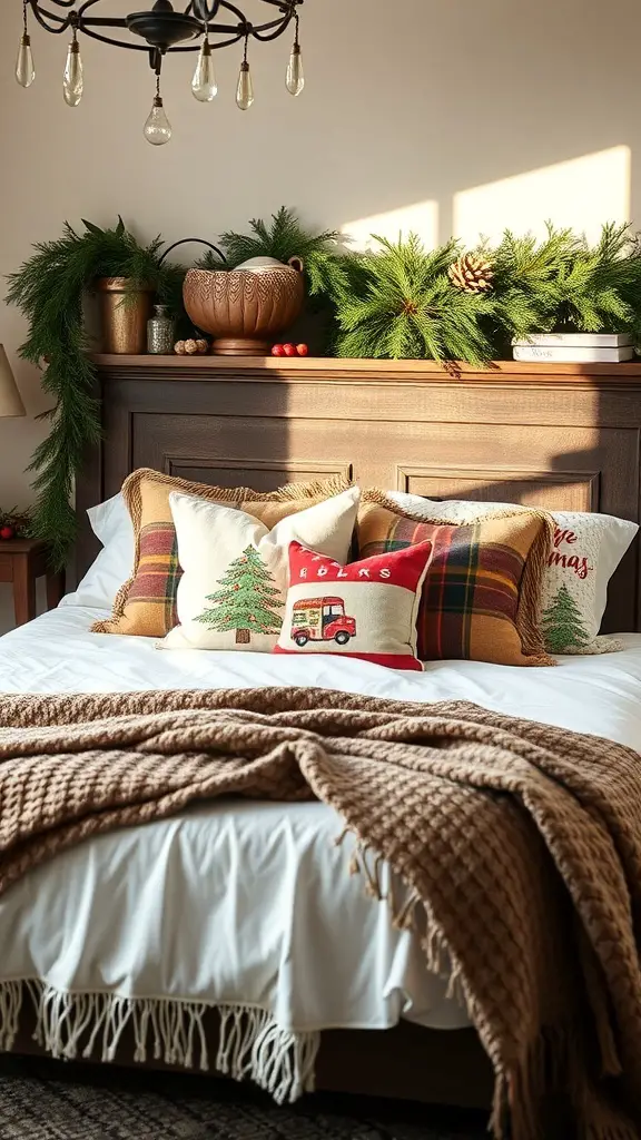 A beautifully styled king bed with seasonal decorations, featuring festive pillows, a knitted blanket, and greenery on the headboard.