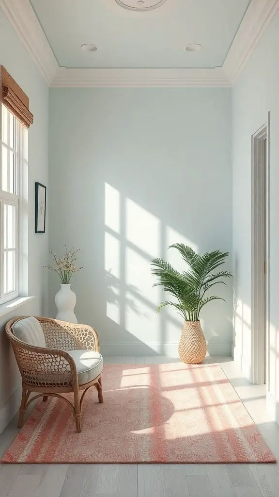 29+ Budget-Friendly Small Room Ideas to Maximize Space 5 A small room with light blue walls, a cozy chair, a patterned rug, and a plant.