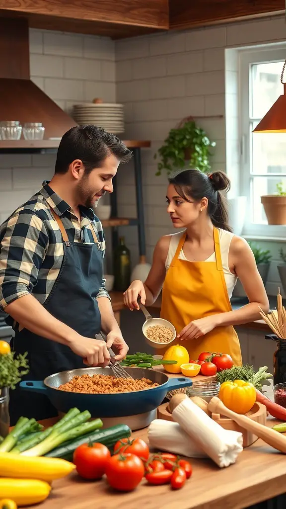 A couple enjoying a cooking class together in a cozy kitchen.