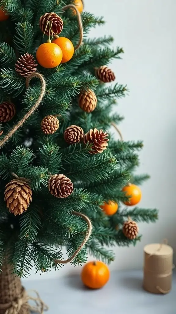A hunter green Christmas tree decorated with pine cones and oranges, showcasing a natural and rustic holiday theme.