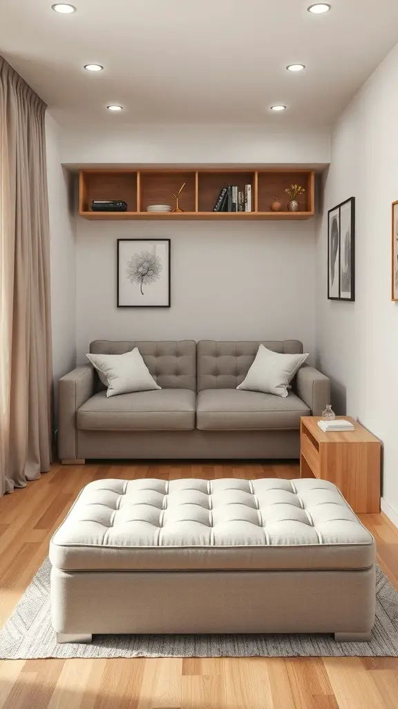 29+ Budget-Friendly Small Room Ideas to Maximize Space 4 A small living room featuring a sofa, an ottoman, and a wall-mounted shelf.
