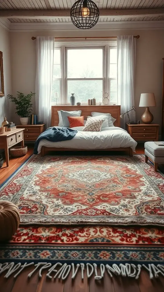 23+ Stunning Bedroom Rug Ideas to Transform Your Space 5 A cozy bedroom featuring a large ornate rug, a wooden bed, and soft furnishings.