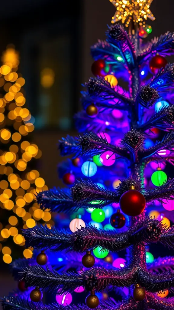 A beautifully lit bronze Christmas tree with colorful ornaments and lights.