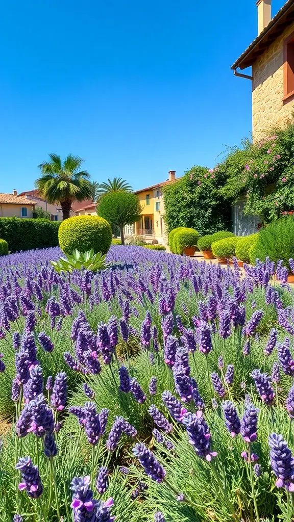 29+ Inspiring Tuscan Garden Ideas for Your Outdoor Oasis 14 A vibrant Tuscan garden with blooming lavender and Mediterranean plants under a clear blue sky.