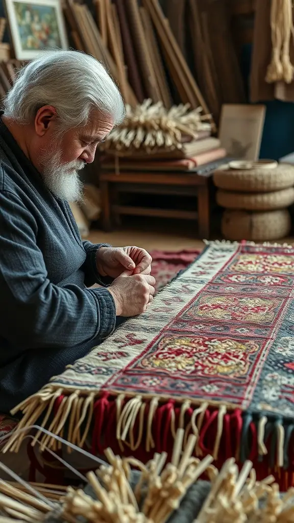 31+ Stunning Tufted Rug Designs You’ll Love 10 An artisan working on a hand-tufted rug, showcasing intricate patterns and vibrant colors.