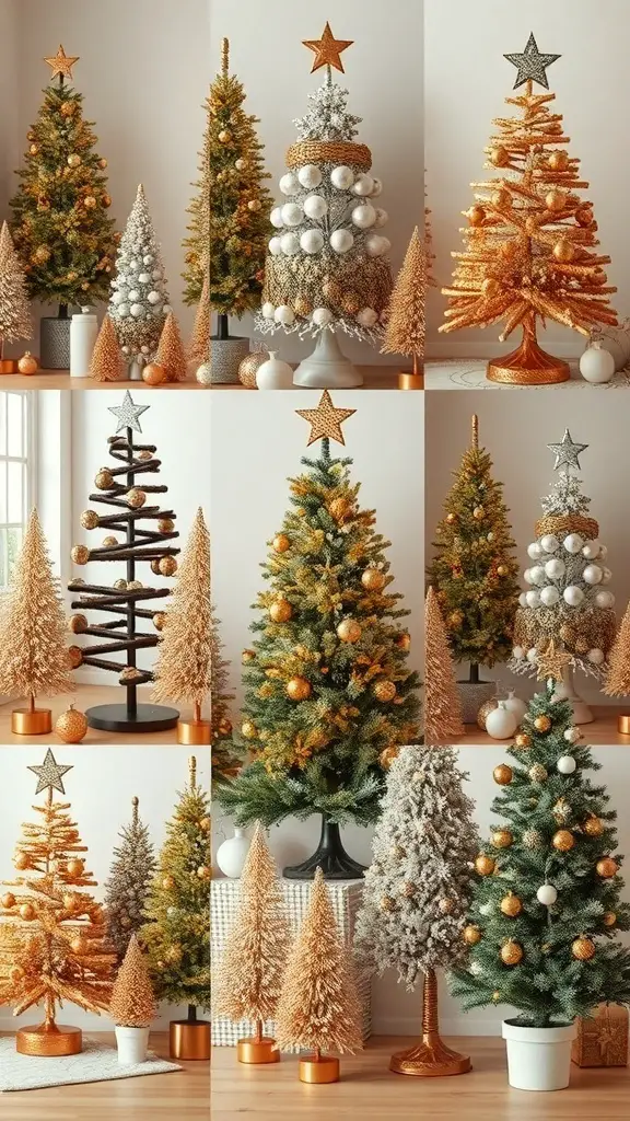 A collage of various bronze Christmas trees in different styles and decorations.