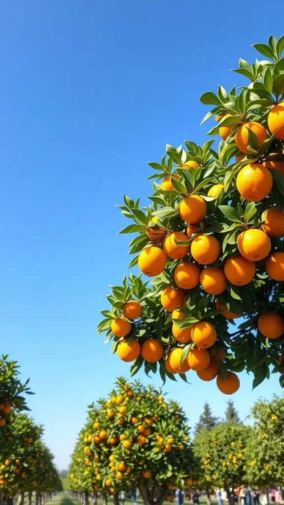 27+ Stunning Greek Garden Ideas for a Mediterranean Oasis 12 A row of vibrant orange citrus trees under a clear blue sky.