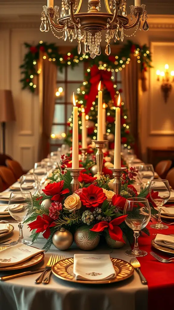 A beautifully decorated dining table for Christmas with a floral centerpiece, candles, and elegant tableware.