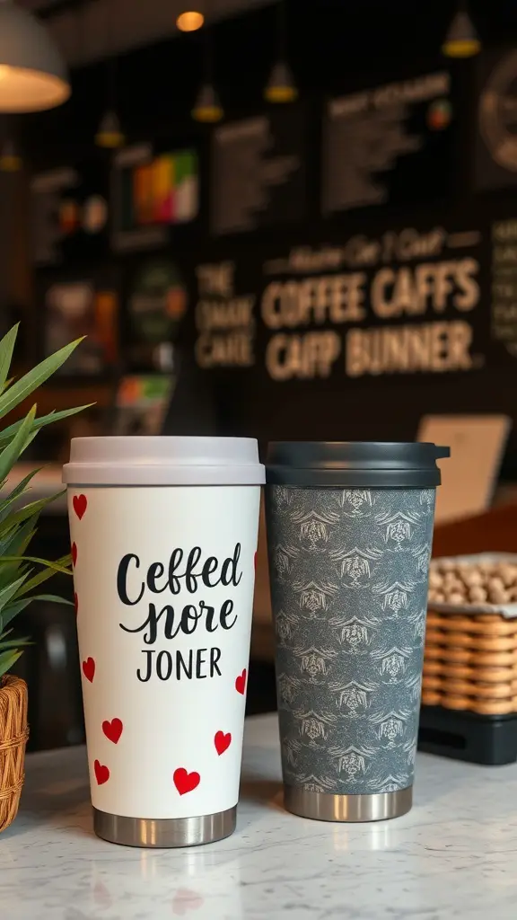 15 Unique Bridesmaid Gift Ideas to Show Your Appreciation 13 Two personalized travel mugs on a table, one with hearts and text, the other with a patterned design.