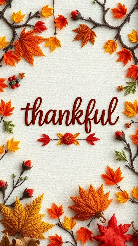 33+ Stunning Fall Embroidery Ideas to Try This Season 14 An arrangement of autumn leaves and twigs framing the word 'thankful' in a warm script.