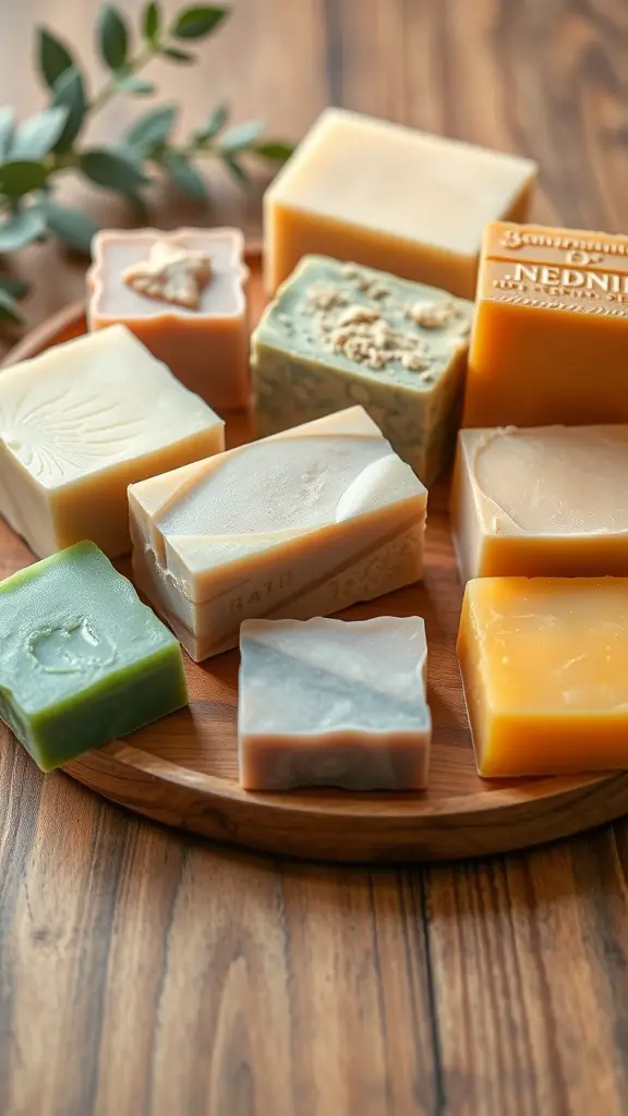 A variety of colorful handmade soaps displayed on a wooden platter.