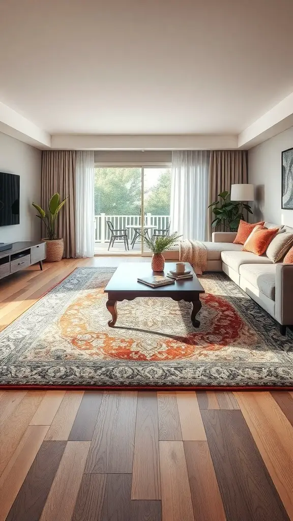 A cozy living room featuring a large decorative rug, sofa, coffee table, and natural light from the window.