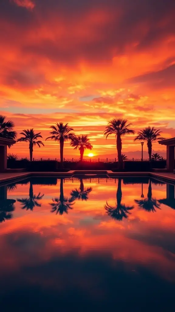 23+ Stunning Spanish Style Pool Designs to Inspire Your Backyard Oasis 5 A beautiful sunset over a pool with palm trees silhouetted against the colorful sky.