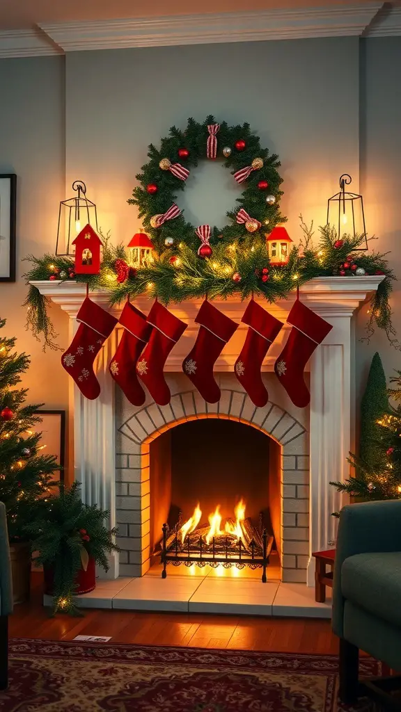 A beautifully decorated fireplace mantel for Christmas with stockings, a wreath, and lanterns.
