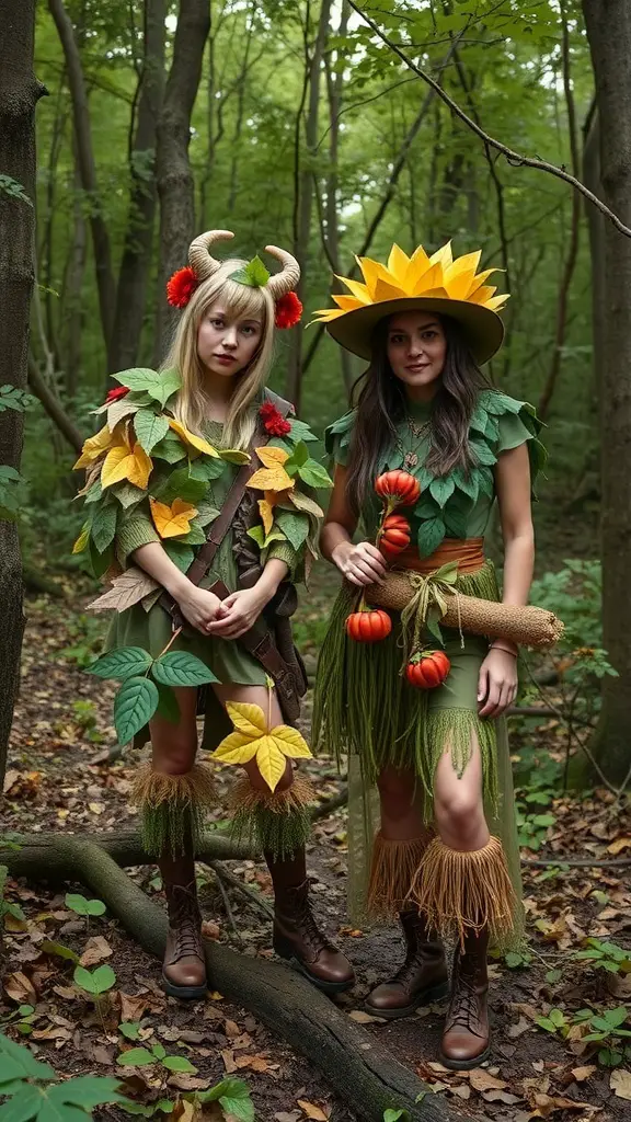 Two women in nature-inspired Halloween costumes made of leaves and flowers, standing in a forest.