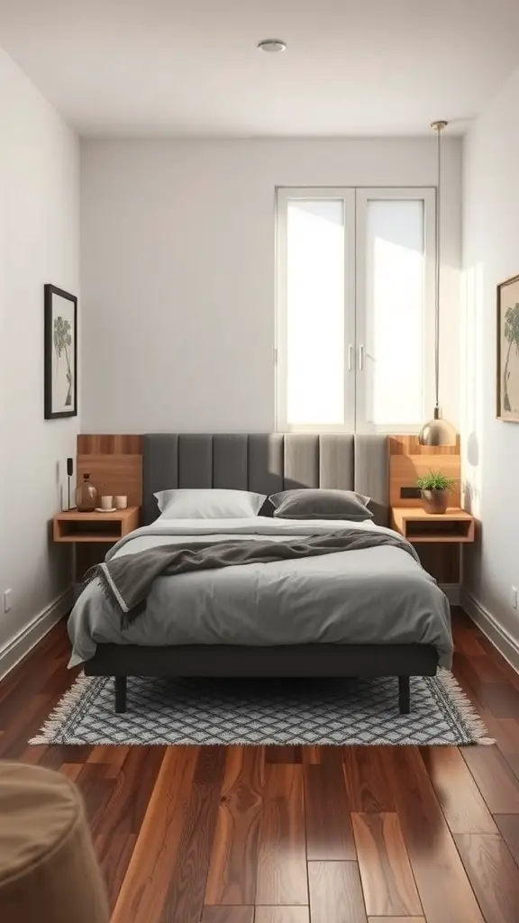 A small bedroom featuring a full-size bed with floating nightstands on either side.
