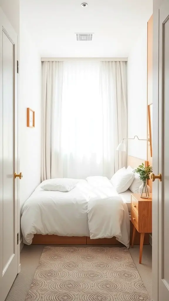 35+ Cozy Tiny Bedroom Ideas for Couples: Maximize Your Space Together 3 A cozy tiny bedroom with natural light, featuring a bed, a bedside table, and a window with sheer curtains.