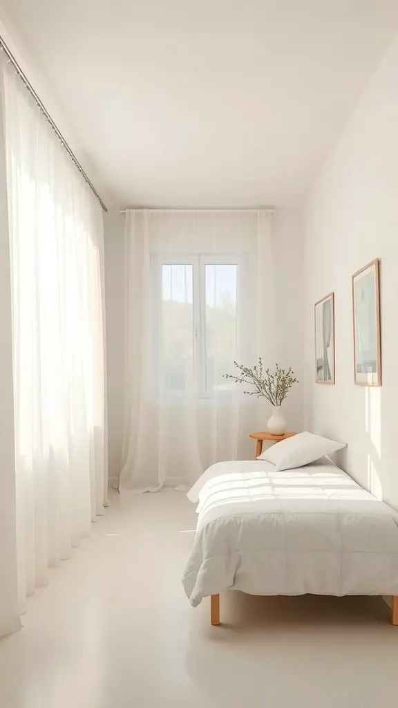 23+ Creative Small Long Bedroom Ideas for Stylish Spaces 6 A small, light-colored bedroom with sheer curtains, a bed, and simple decor.