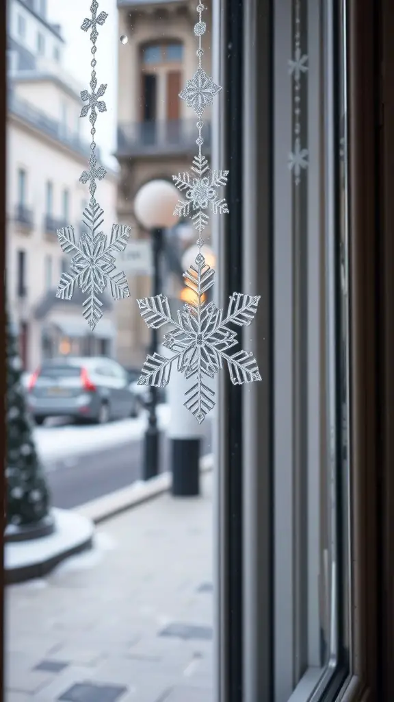Delicate snowflake window clings hanging in a window, with a snowy street view outside.