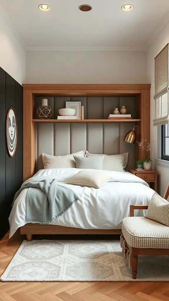 25+ Creative Tiny Guest Bedroom Ideas for a Cozy Space 6 Cozy tiny guest bedroom with a bed, decorative pillows, and a shelf headboard.