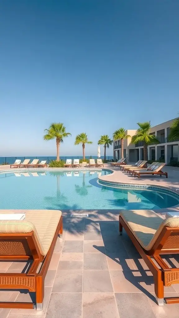 29+ Stunning Resort Pool Designs to Inspire Your Backyard Oasis 11 A serene adult-only pool area with lounge chairs and palm trees, overlooking the ocean.