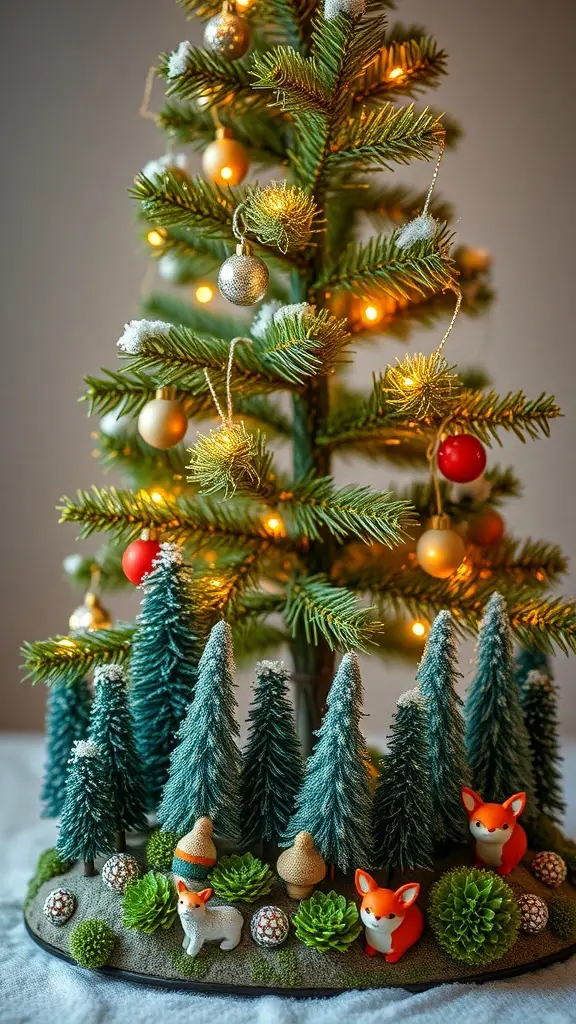 A miniature forest scene with a small Christmas tree, tiny trees, and playful fox figurines.