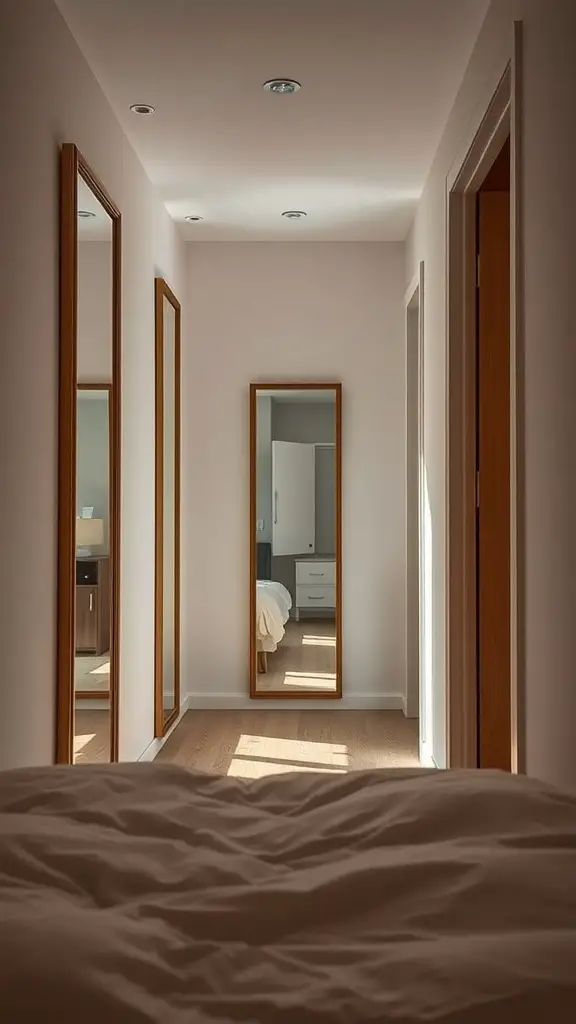 27+ Creative Long and Narrow Bedroom Ideas for Maximizing Space 5 A long and narrow bedroom with multiple mirrors reflecting light and creating an illusion of depth.