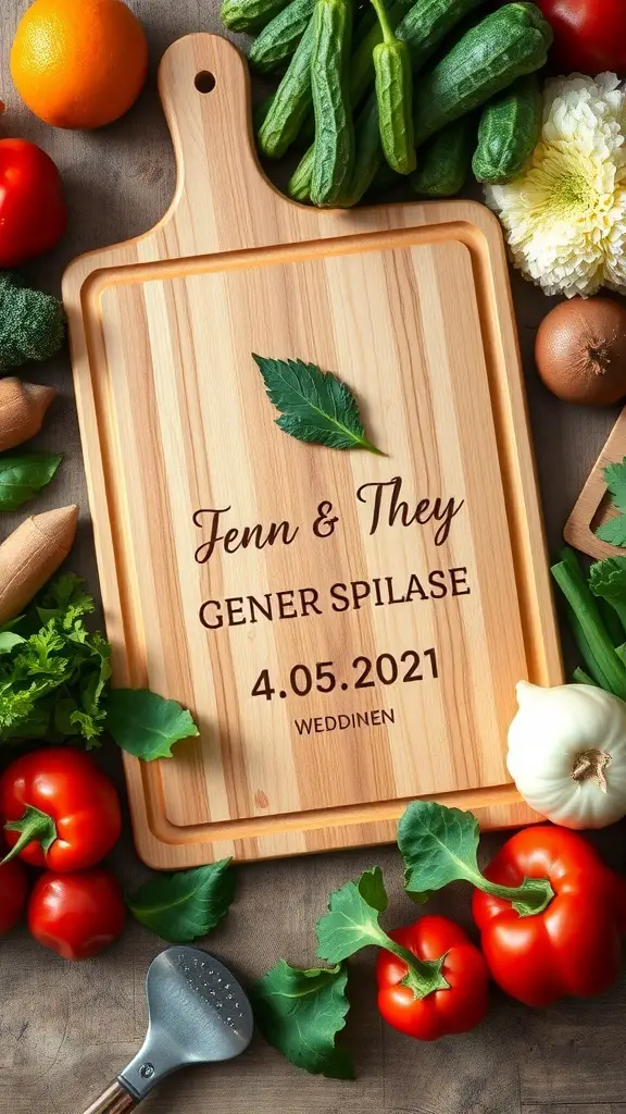 Personalized wooden cutting board surrounded by fresh vegetables and herbs