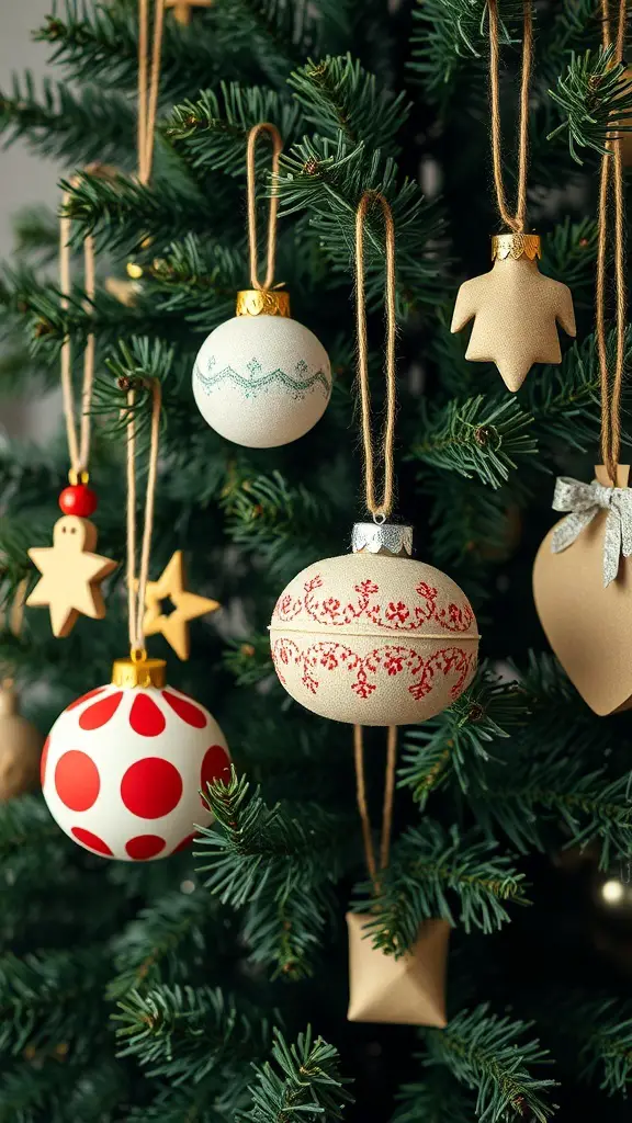 A close-up of a dark green Christmas tree adorned with various DIY ornaments, including red and white baubles, wooden stars, and decorative shapes.