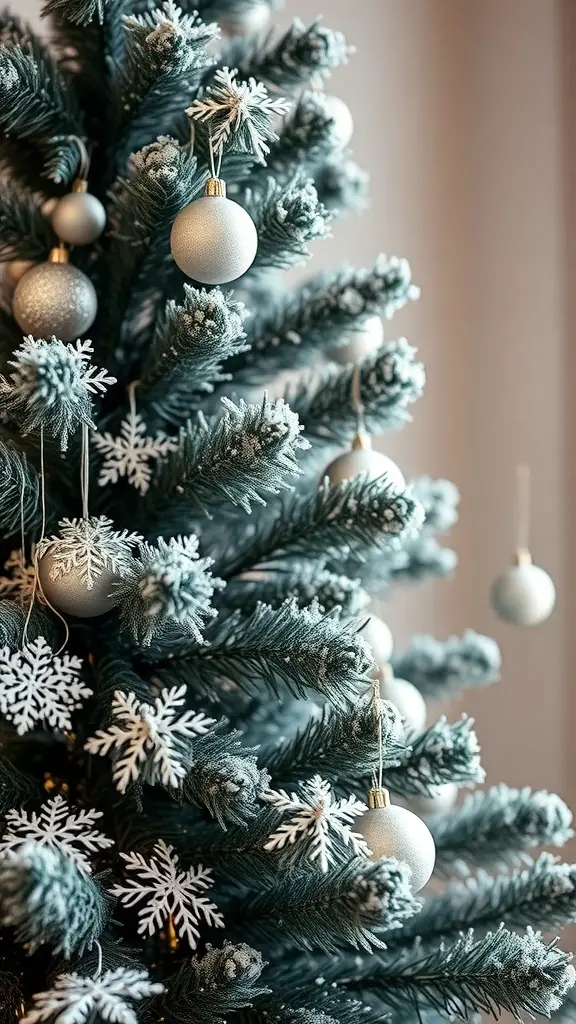 A frosted hunter green Christmas tree decorated with silver ornaments and snowflakes.