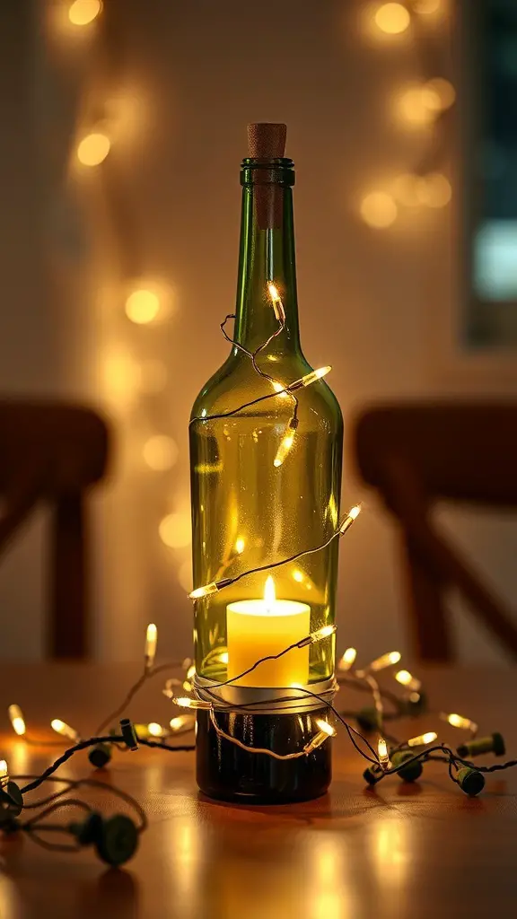 23 Affordable DIY Christmas Gifts for Everyone on Your List 5 An upcycled wine bottle with a candle inside, wrapped in fairy lights.