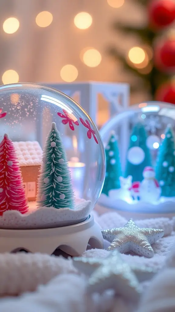 Two decorative snow globes with a house and trees, and a snowman scene, surrounded by festive decor.
