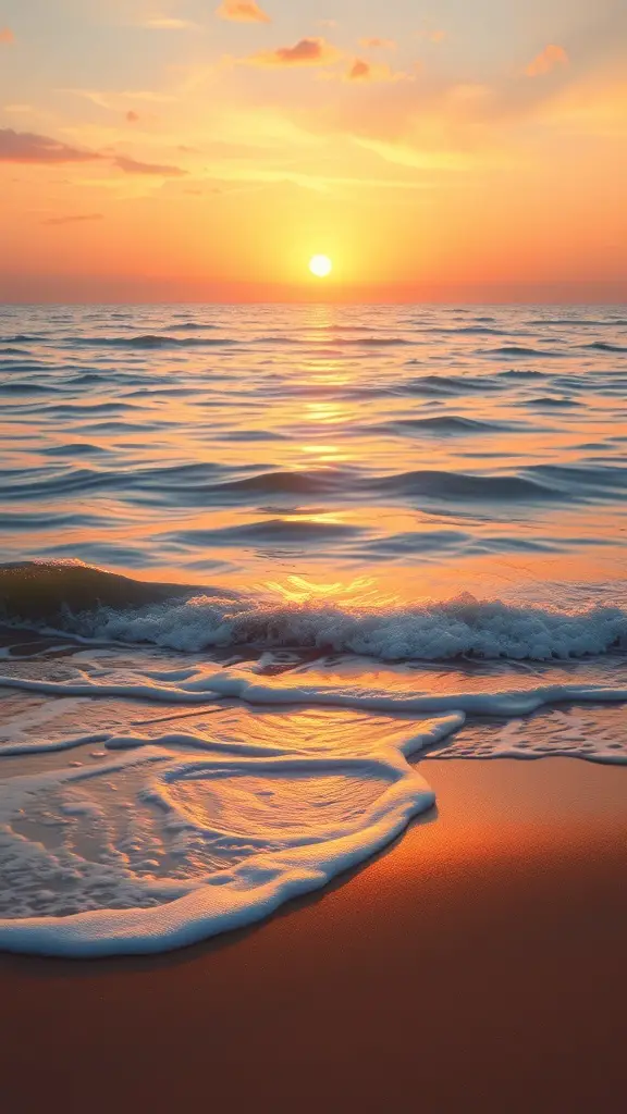 29+ Stunning Landscape Paintings You Need to See 5 A beautiful sunset over the ocean with gentle waves lapping at the shore.