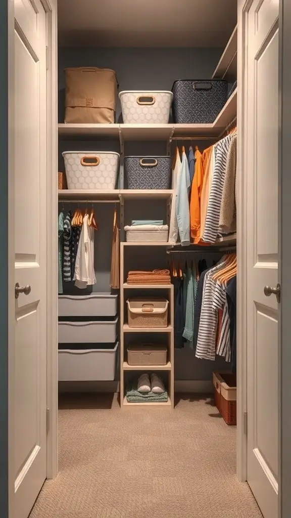 27+ Charming Small Master Room Ideas for Cozy Living 14 Organized closet space with shelves, baskets, and hanging clothes