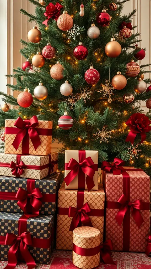 Christmas tree decorated with red velvet ribbons and bows, surrounded by elegantly wrapped presents.