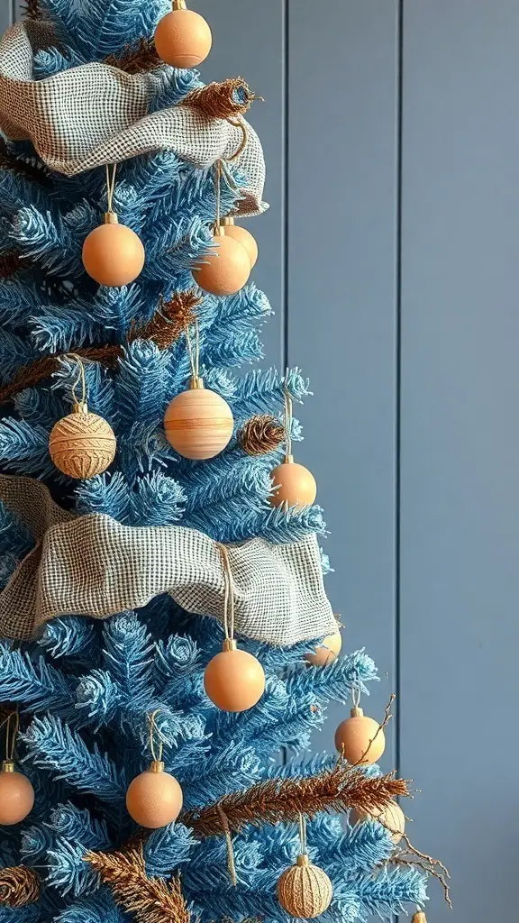 A blue Christmas tree decorated with peach ornaments and natural elements like burlap and twigs.