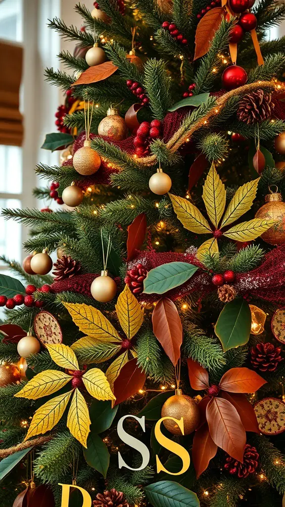 A Christmas tree decorated with nature-inspired elements like golden leaves, pinecones, and red berries.