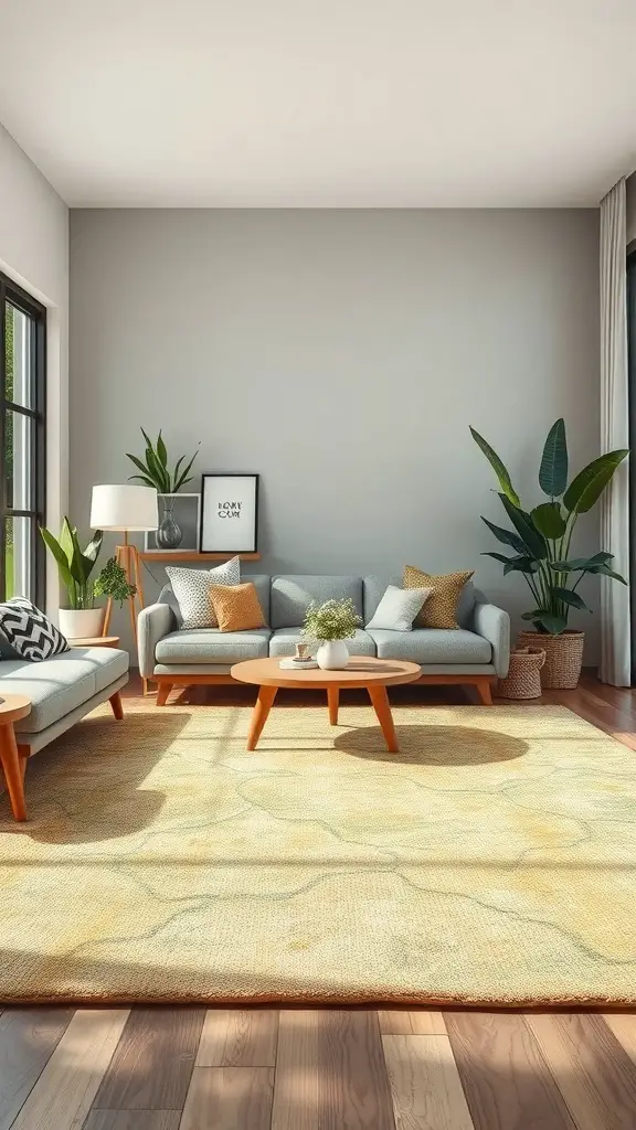 A cozy living room featuring a large natural fiber rug, plants, and modern furniture.