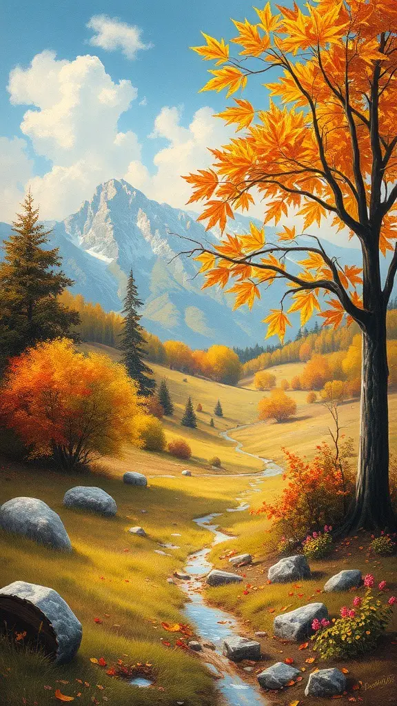 29+ Stunning Landscape Paintings You Need to See 13 A vibrant autumn landscape painting featuring a tree with orange leaves, mountains in the background, and a winding stream.