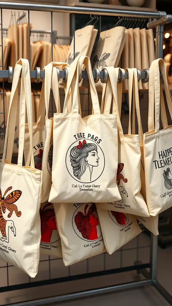 A display of personalized tote bags with various designs hanging on a rack.