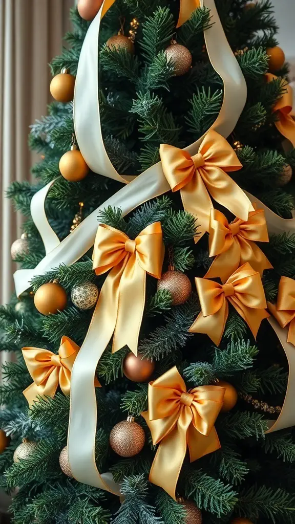 Christmas tree decorated with cream ribbons and gold bows