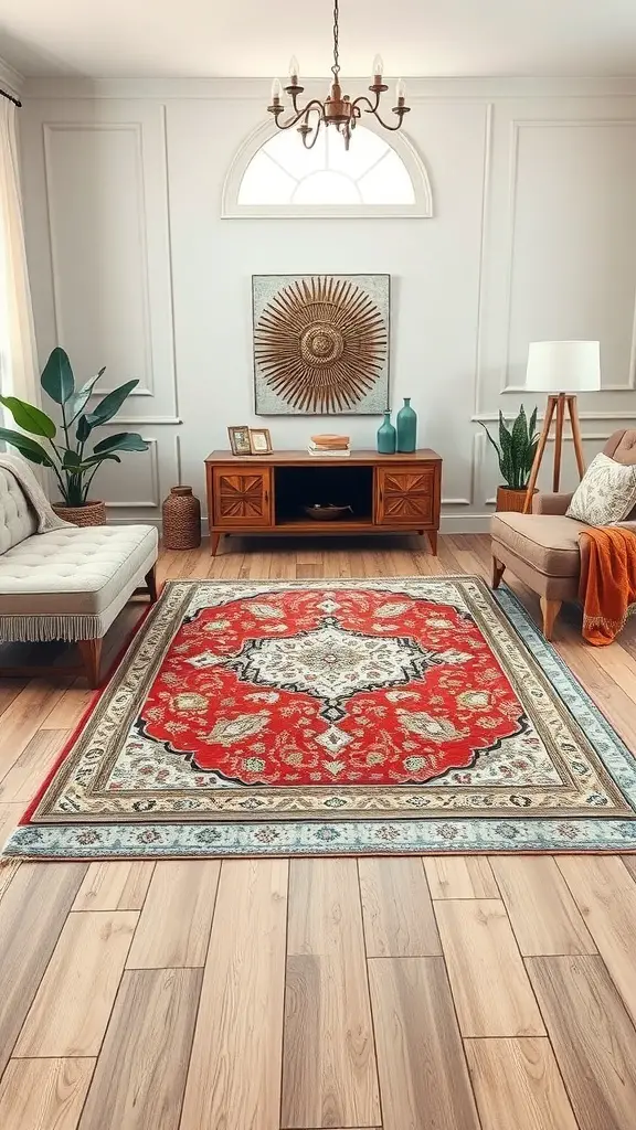 A living room featuring a large red and cream patterned rug on wooden flooring, with neutral furniture and decorative elements.