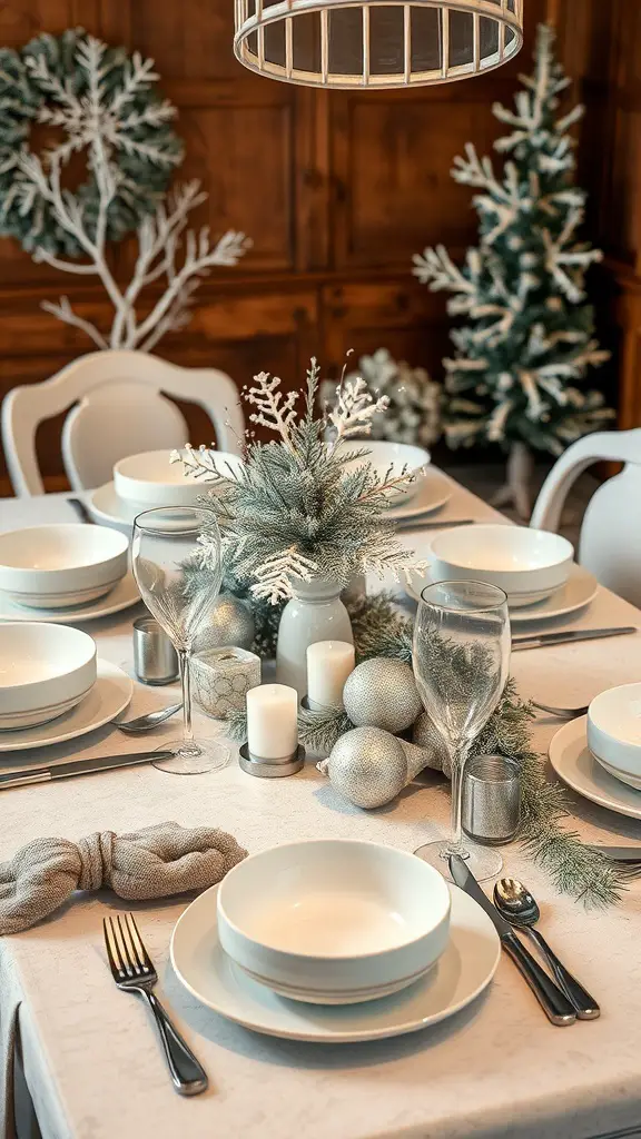 A winter-themed table setting with white plates, glassware, and a frosted greenery centerpiece.